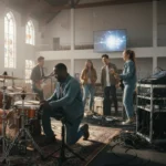 Banda jovem ensaiando em uma igreja moderna, com o baterista ajoelhado e outros membros ao fundo, equipamentos de som visíveis.