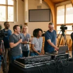 Banda jovem ensaiando em uma igreja moderna, com o baterista ajoelhado e outros membros ao fundo, equipamentos de som visíveis.