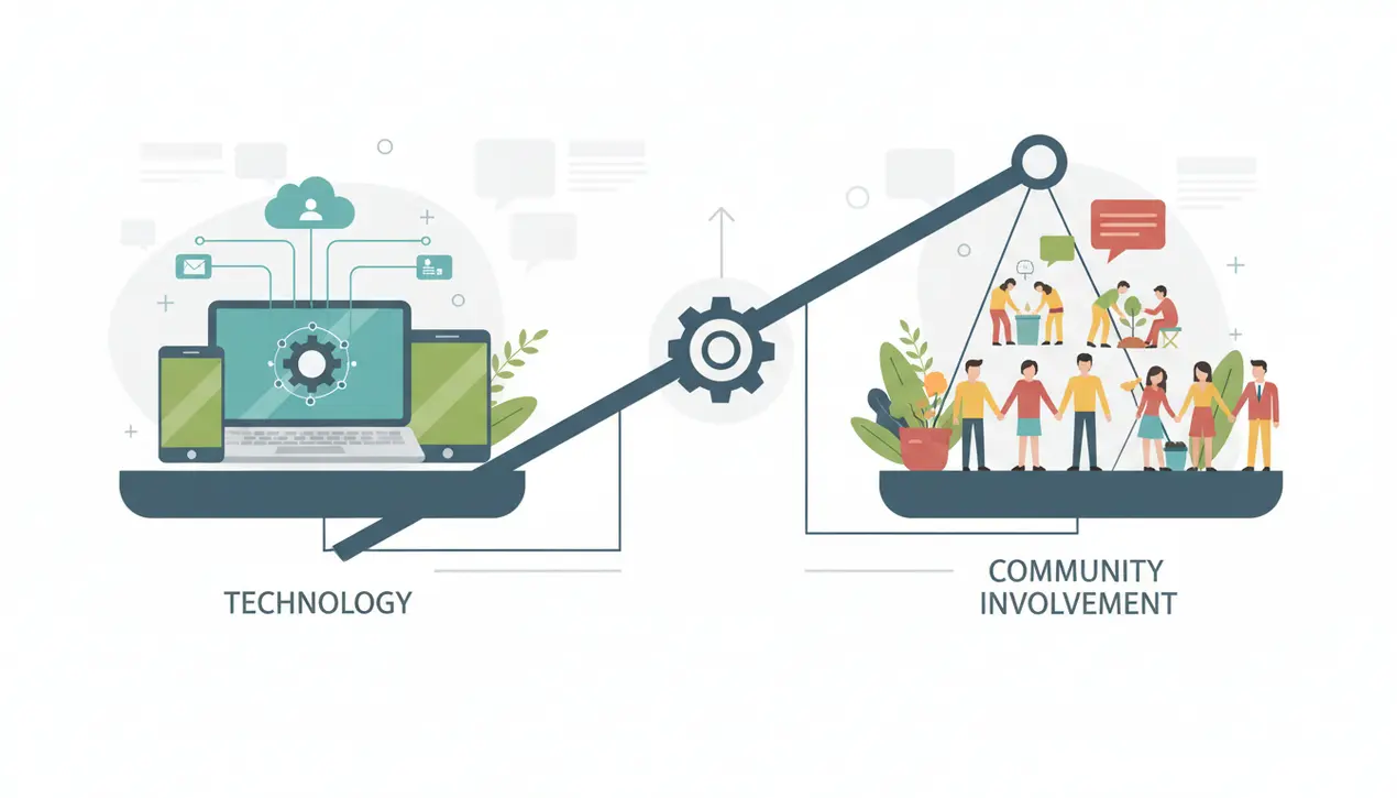 Uma balança equilibrando 'Tecnologia' com ícones de dispositivos digitais e 'Envolvimento Comunitário' com pessoas interagindo e ajudando umas às outras.