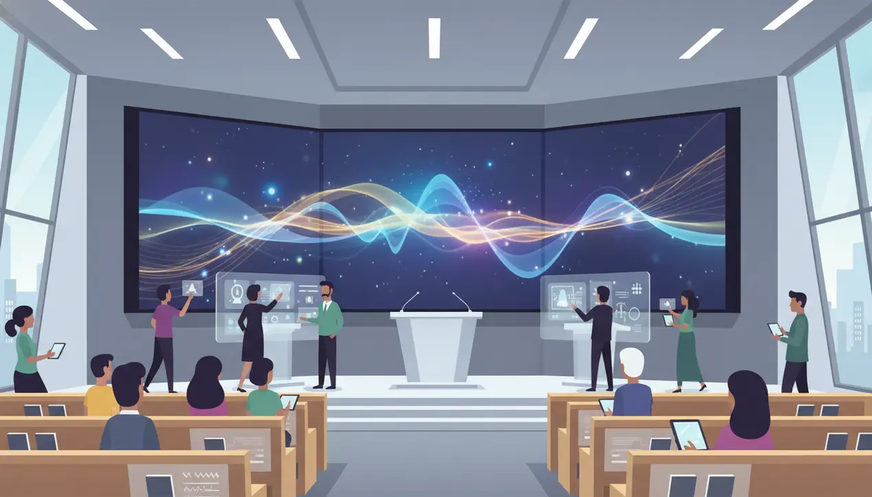 Pessoas em um auditório moderno interagem com telas de apresentação e sistemas tecnológicos, com um palco e púlpito ao centro.