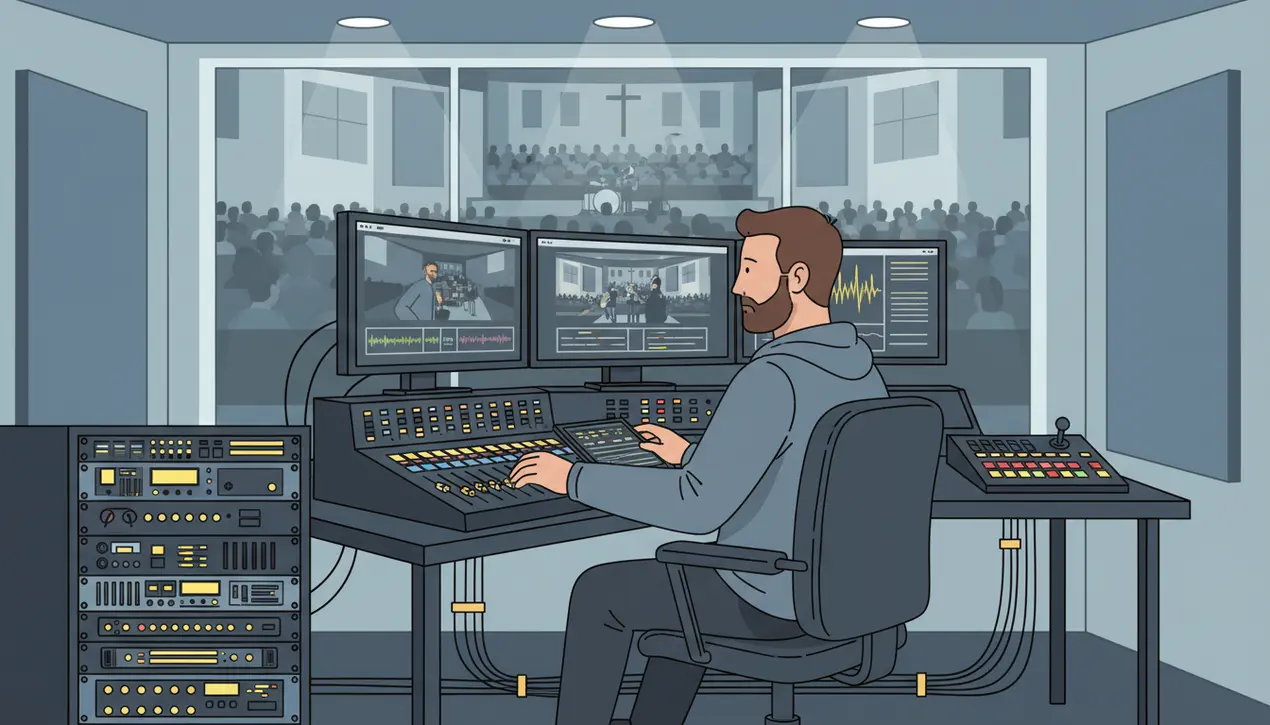 Homem barbudo operando uma mesa de som e três monitores de vídeo em uma sala de controle, com uma igreja e auditório visíveis através de uma janela de vidro.